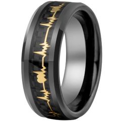 (Wholesale)Tungsten Carbide Black Gold Tone Heartbeat Ring With Carbon Fiber-9359