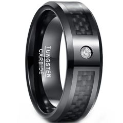 (Wholesale)Black Tungsten Carbide Carbon Fiber Ring With Cubic Zirconia-9387