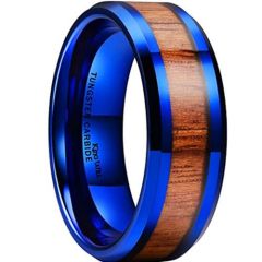 (Wholesale)Blue Tungsten Carbide Ring With Koa Wood-9399