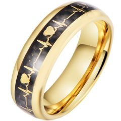 (Wholesale)Gold Tone Tungsten Carbide Heartbeat Ring With Carbon Fiber-9708