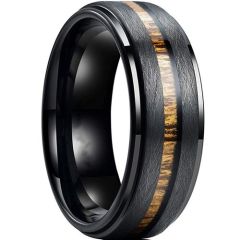 (Wholesale)Black Tungsten Carbide Step Edges Ring With Koa Wood-9733