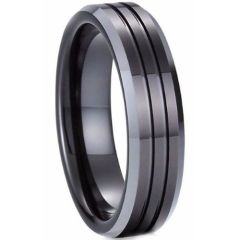 (Wholesale)Tungsten Carbide Black Silver Double Groove Ring-9736