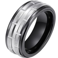 (Wholesale)Tungsten Carbide Black Silver Tire Tread Ring-9739