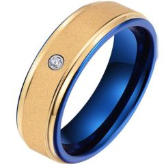 (Wholesale)Tungsten Carbide Blue Gold Tone Ring With Cubic Zirconia-9741