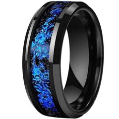 (Wholesale)Black Tungsten Carbide Ring With Meteorite & Blue Foil-9839