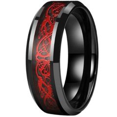 (Wholesale)Tungsten Carbide Green Black Red Dragon Beveled Edges Ring-9850