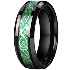(Wholesale)Tungsten Carbide Black Silver Dragon Ring With Green Carbon Fiber-9854