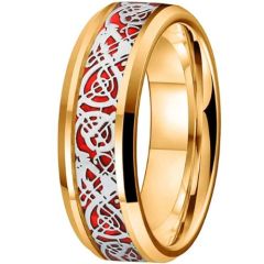 (Wholesale)Gold Tone Tungsten Carbide Dragon Ring With Red Carbon Fiber-9855