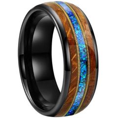 (Wholesale)Tungsten Carbide Black Gold Tone Wire Ring With Crushed Opal & Koa Wood-9865