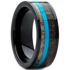 (Wholesale)Black Tungsten Carbide Deer Antler Turquoise Ring-122