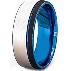 (Wholesale)Tungsten Carbide Black Blue Offset Groove Ring-1417AA