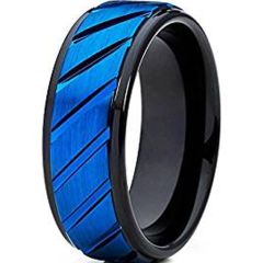 (Wholesale)Tungsten Carbide Black Blue Diagonal Groove Ring-2431