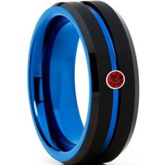 (Wholesale)Tungsten Carbide Black Blue Ring With Created Ruby-TG