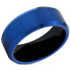 (Wholesale)Tungsten Carbide Black Blue Beveled Edges Ring-2764