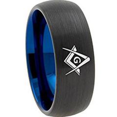 (Wholesale)Tungsten Carbide Black Blue Dome Masonic Ring-3130