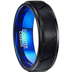 (Wholesale)Tungsten Carbide Black Blue Diagonal Groove Ring-3246