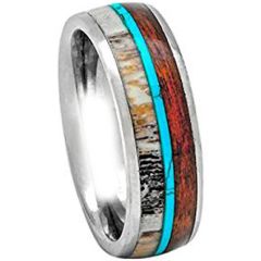 (Wholesale)Tungsten Carbide Imitate Turquoise Wood & Antler Ring