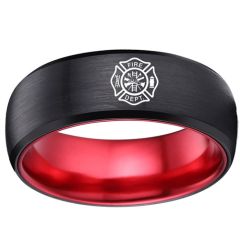 (Wholesale)Tungsten Carbide Black Red Firefighter Ring-4163