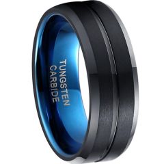 (Wholesale)Tungsten Carbide Black Blue Center Groove Ring-4168