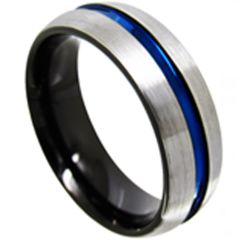 (Wholesale)Tungsten Carbide Black Blue Center Groove Ring-4422