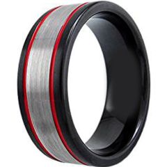(Wholesale)Tungsten Carbide Black Red Double Groove Ring-4564AA