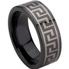 (Wholesale)Black Tungsten Carbide Greek Key Ring - TG673