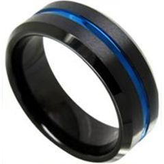 (Wholesale)Tungsten Carbide Black Blue Center Groove Ring-4358