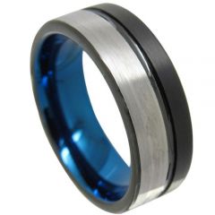 (Wholesale)Tungsten Carbide Black Blue Offset Groove Ring-4351