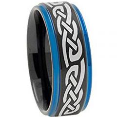 (Wholesale)Tungsten Carbide Black Blue Step Edges Celtic Ring-44