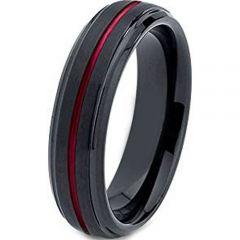 (Wholesale)Tungsten Carbide Black Red Center Groove Ring-4611