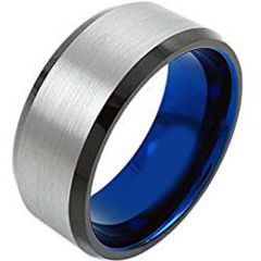 (Wholesale)Tungsten Carbide Black Blue  Beveled Edges Ring-4625