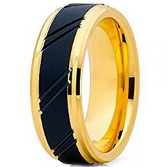 (Wholesale)Tungsten Carbide Black Gold Diagonal Groove Ring-4628