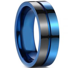 (Wholesale)Tungsten Carbide Black Blue Center Groove Ring-3488