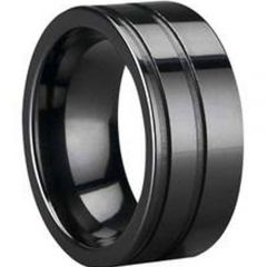 (Wholesale)Black Tungsten Carbide Double Groove Ring - TG1111