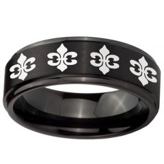 (Wholesale)Black Tungsten Carbide Fleur De Lis Step Edges Ring -