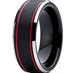 (Wholesale)Tungsten Carbide Black Red Double Groove Ring-2725AAA