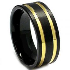 (Wholesale)Tungsten Carbide Black Gold Double Groove Ring-3017
