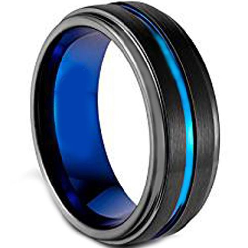 (Wholesale)Tungsten Carbide Black Blue Center Groove Ring-1869AA