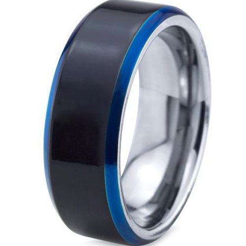(Wholesale)Tungsten Carbide Black Blue Beveled Edges Ring-4098