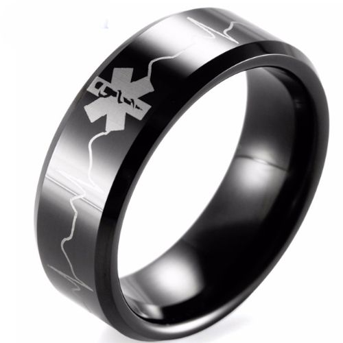 (Wholesale)Black Tungsten Carbide Medic Alert Heartbeat Ring-TG1