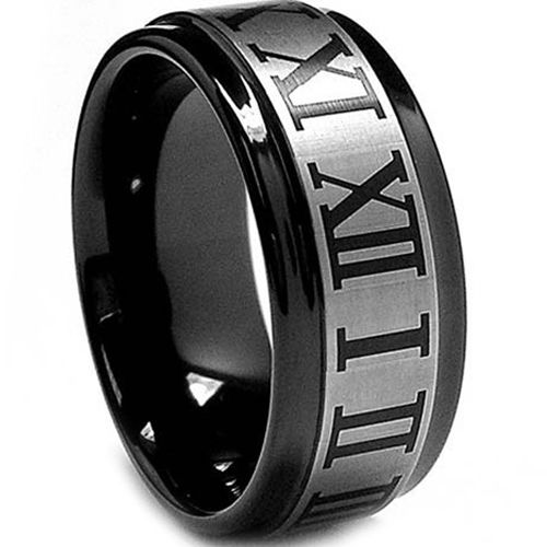 (Wholesale)Black Tungsten Carbide Ring With Roman Numerals-TG216