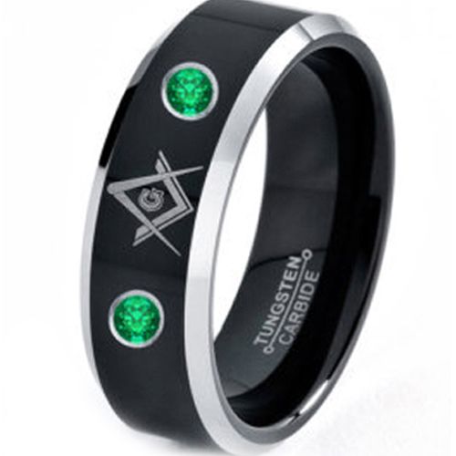 (Wholesale)Tungsten Carbide Masonic Ring With Created Emerald-3615