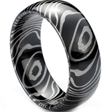 (Wholesale)Black Tungsten Carbide Dome Damascus Ring - TG4148