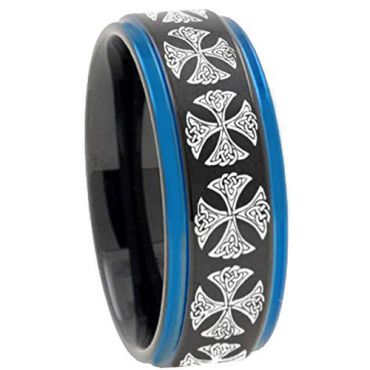 (Wholesale)Tungsten Carbide Black Blue Cross Ring - TG4410