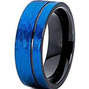 (Wholesale)Tungsten Carbide Black Blue Hammered Ring - TG4619