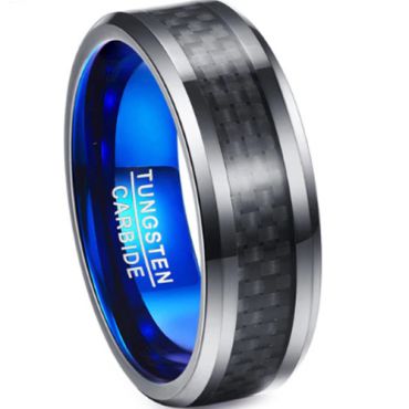 (Wholesale)Tungsten Carbide Black Blue Carbon Fiber Ring - TG203