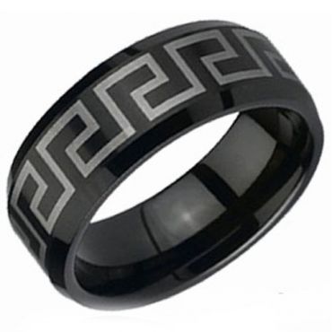 (Wholesale)Black Tungsten Carbide Greek Key Ring-TG2090A