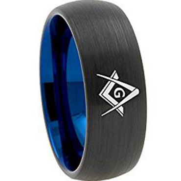 (Wholesale)Tungsten Carbide Black Blue Dome Masonic Ring-3130