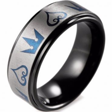 (Wholesale)Tungsten Carbide Black Blue Kingdom Heart Ring-3320