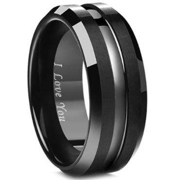 (Wholesale)Black Tungsten Carbide Center Groove Ring - TG3406BB